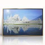 Mid-century modernist art of Bangkok skyline in gold and blue tones on framed acrylic, ideal for modern art wall decor.