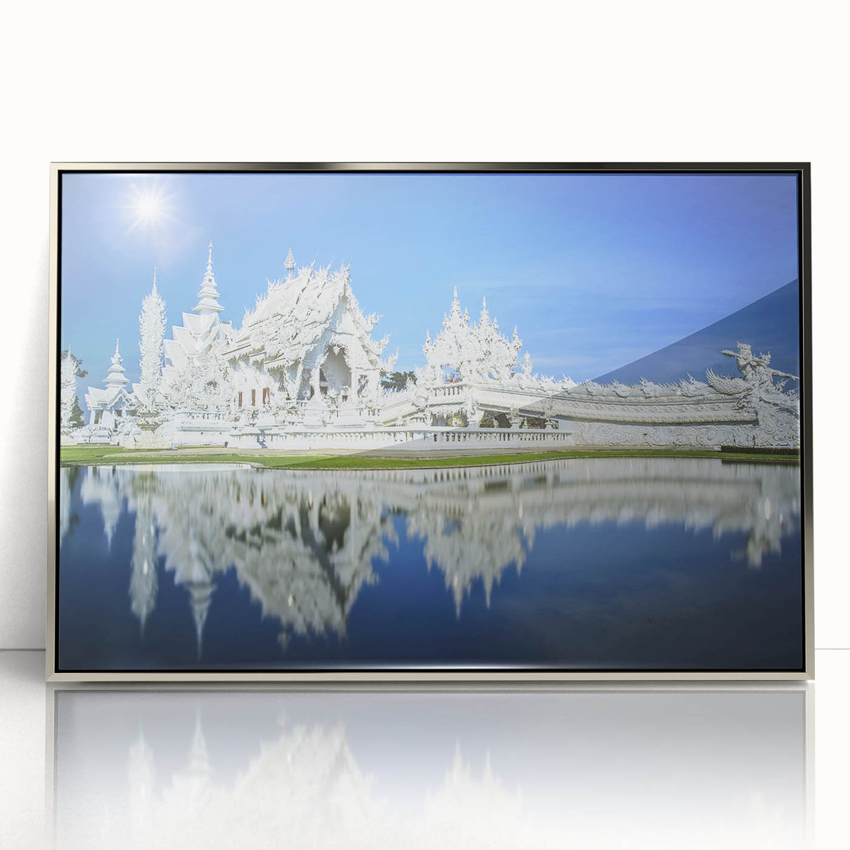 Mid-century modernist art of Bangkok skyline in muted silver and gray tones on framed acrylic.