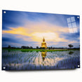 Large abstract wall art depicting a serene Thai landscape in muted green and blue tones on acrylic glass.