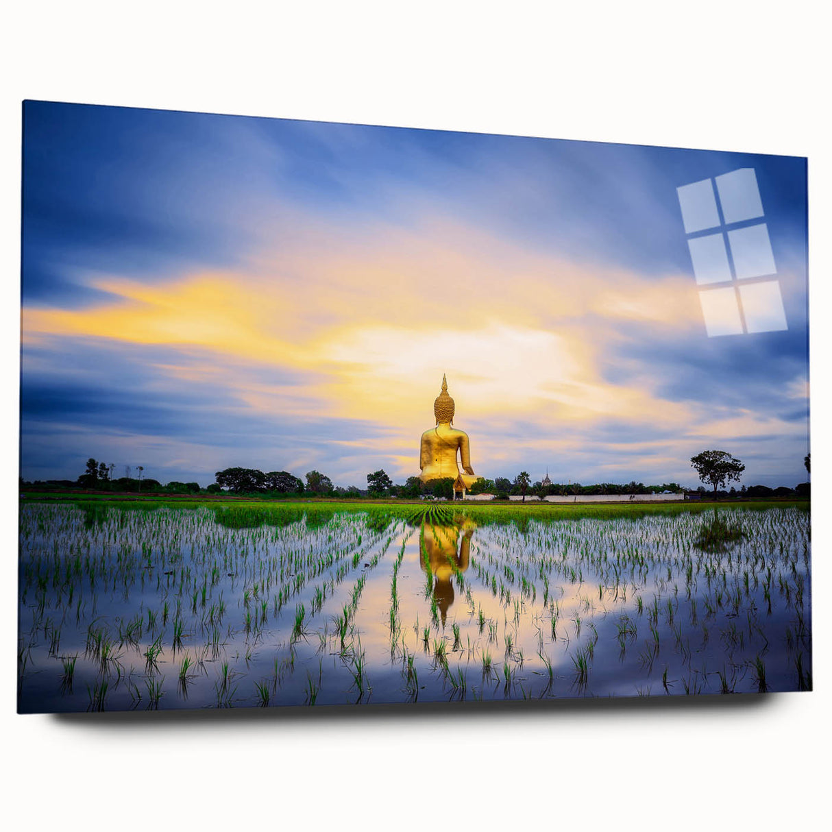 Large abstract wall art featuring a serene Thai landscape in muted green and blue tones on acrylic glass.