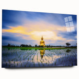 Large abstract wall art featuring a serene Thai landscape in muted green and blue tones on acrylic glass.