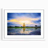 Abstract art print of a serene Thai landscape in muted green and blue tones, framed in white, suitable for dining room decor.