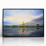 Large acrylic print of a serene Thai landscape in muted green and blue tones, framed in black.