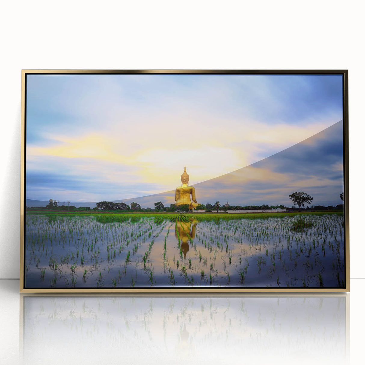 Large abstract wall art depicting a serene Thai landscape in muted gold and green tones, framed acrylic.