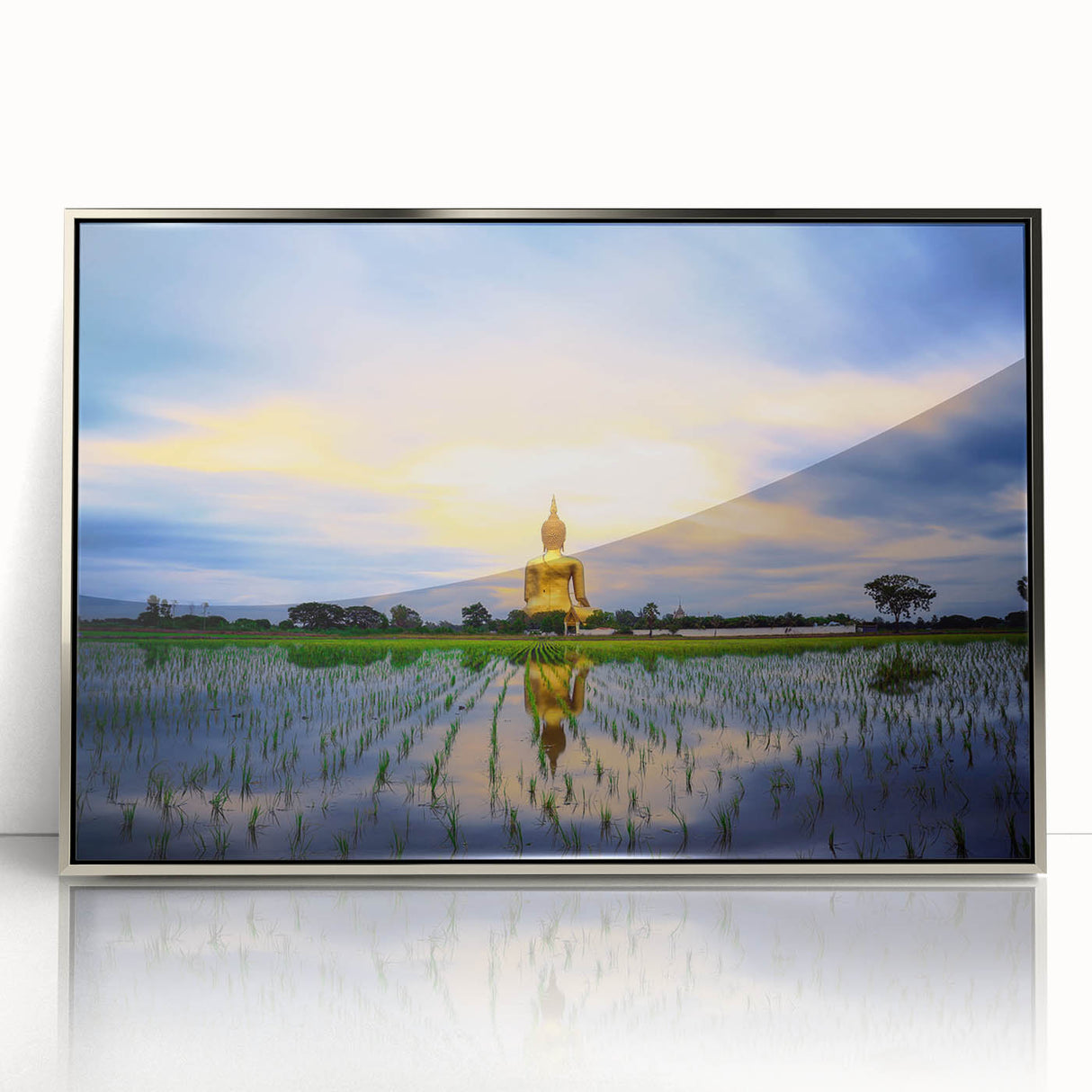 Mid-century modernist art depicting a serene Thai landscape in muted earth tones on a framed acrylic print.