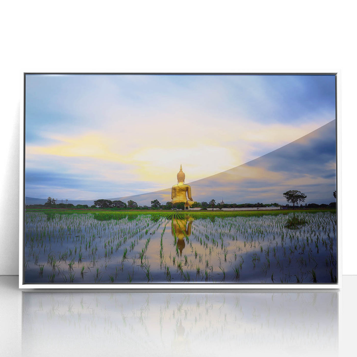 Acrylic print of a serene Thai landscape in muted green and blue tones, framed in white, suitable for modern art wall decor.