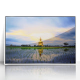Acrylic print of a serene Thai landscape in muted green and blue tones, framed in white, suitable for modern art wall decor.