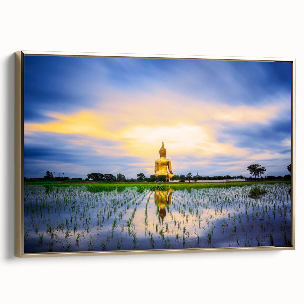 Framed canvas of a vintage-style Thai landscape with gold and black tones, ideal for bedroom wall decor.