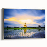 Framed canvas featuring a colorful landscape painting of a Thai scenery in vintage poster style, ideal for living room decor.