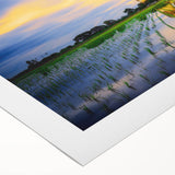 Art deco poster of a serene Thai landscape in muted green and blue tones on rolled canvas, suitable for dining room decor.