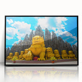Large abstract wall art depicting a Vietnamese landscape in mid-century modernist style, framed in black acrylic.