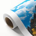 Art deco poster of a Vietnamese landscape on rolled canvas, featuring muted earth tones, ideal for nursery wall art.