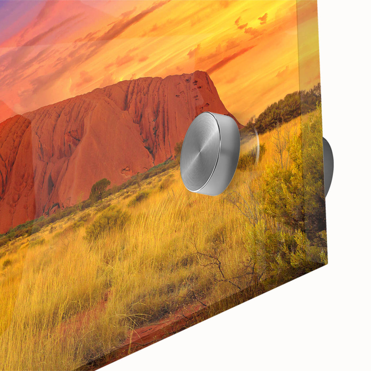 Large abstract depiction of Ayers Rock in muted earth tones on acrylic glass, suitable for dining room art.