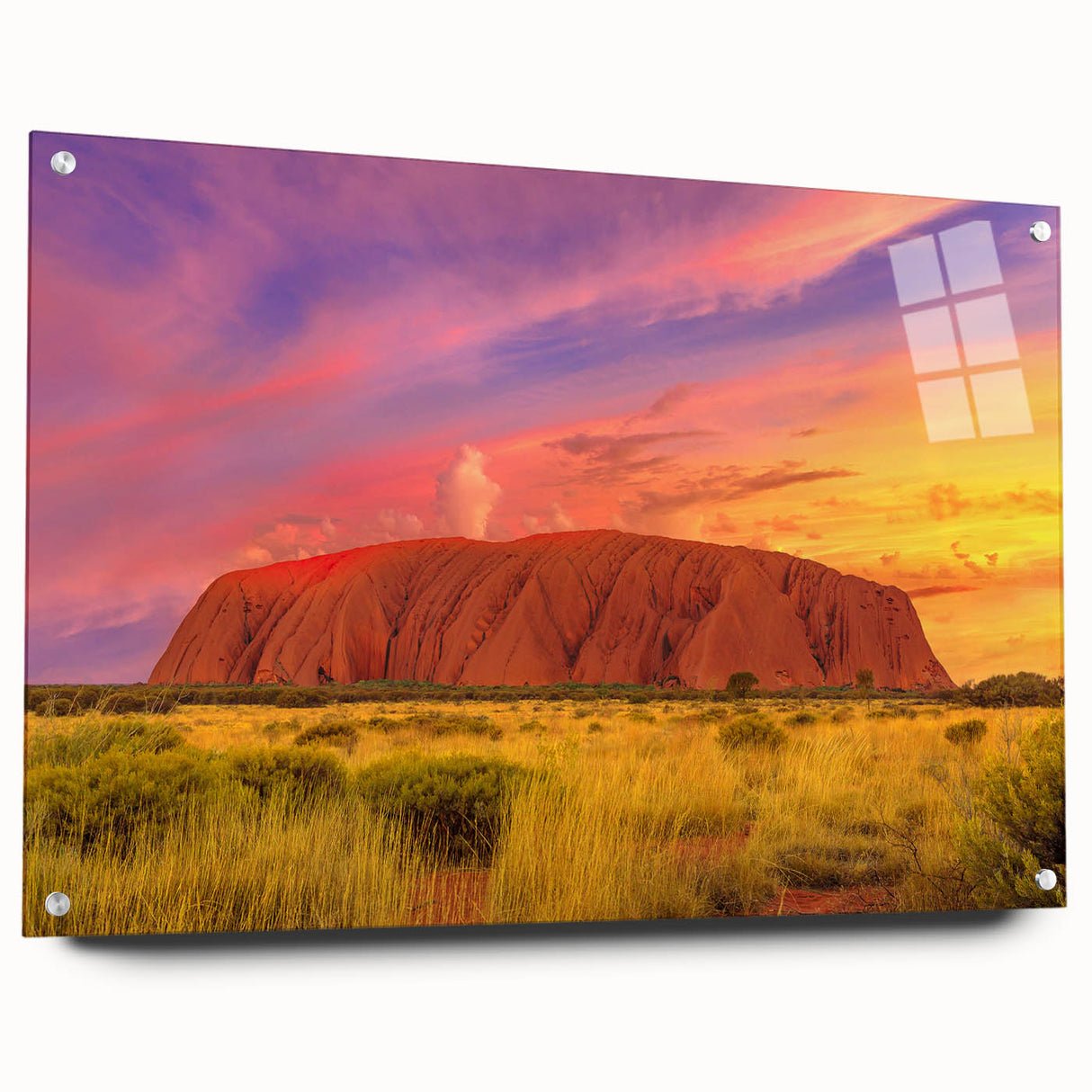 Side view of a large abstract acrylic print depicting Ayers Rock in muted earth tones.