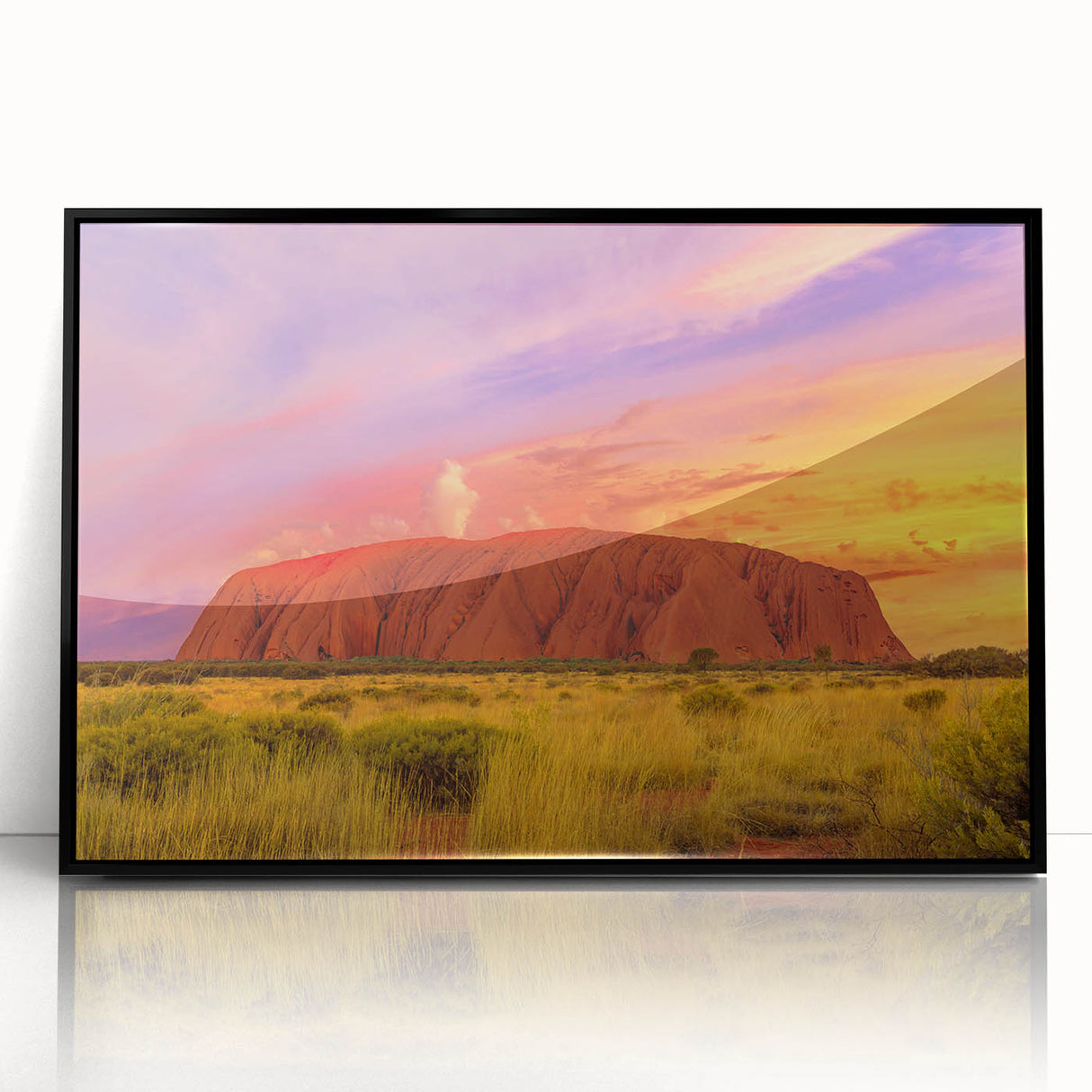 Large abstract wall art of Ayers Rock in muted earth tones on a framed acrylic, ideal for modern living room decor.