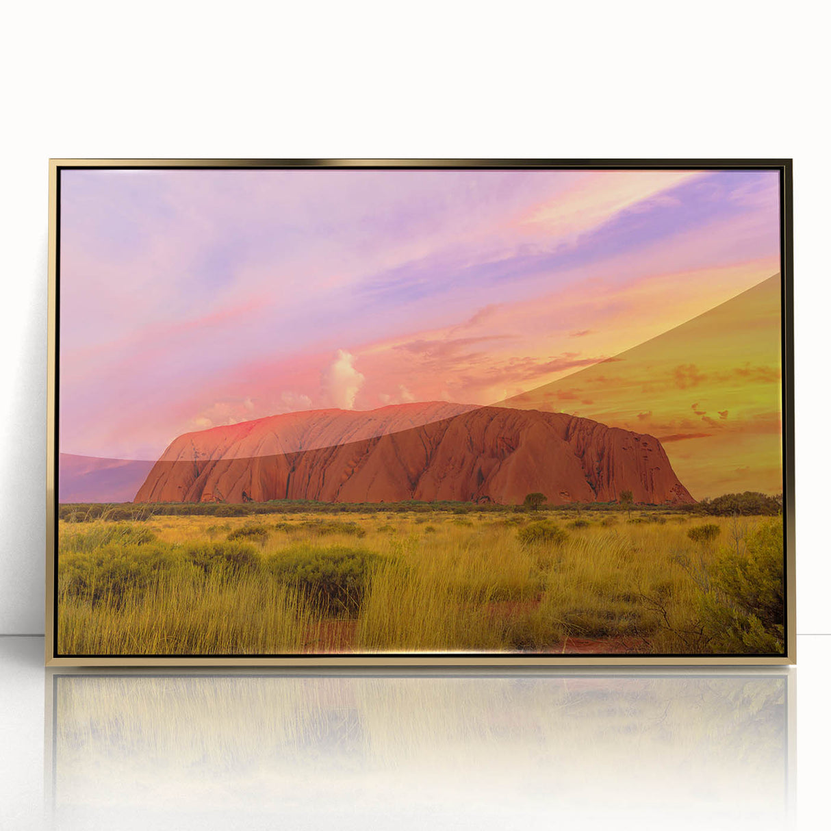 Mid-century modernist art depicting Ayers Rock in muted earth tones on a framed acrylic, suitable for nursery wall art.