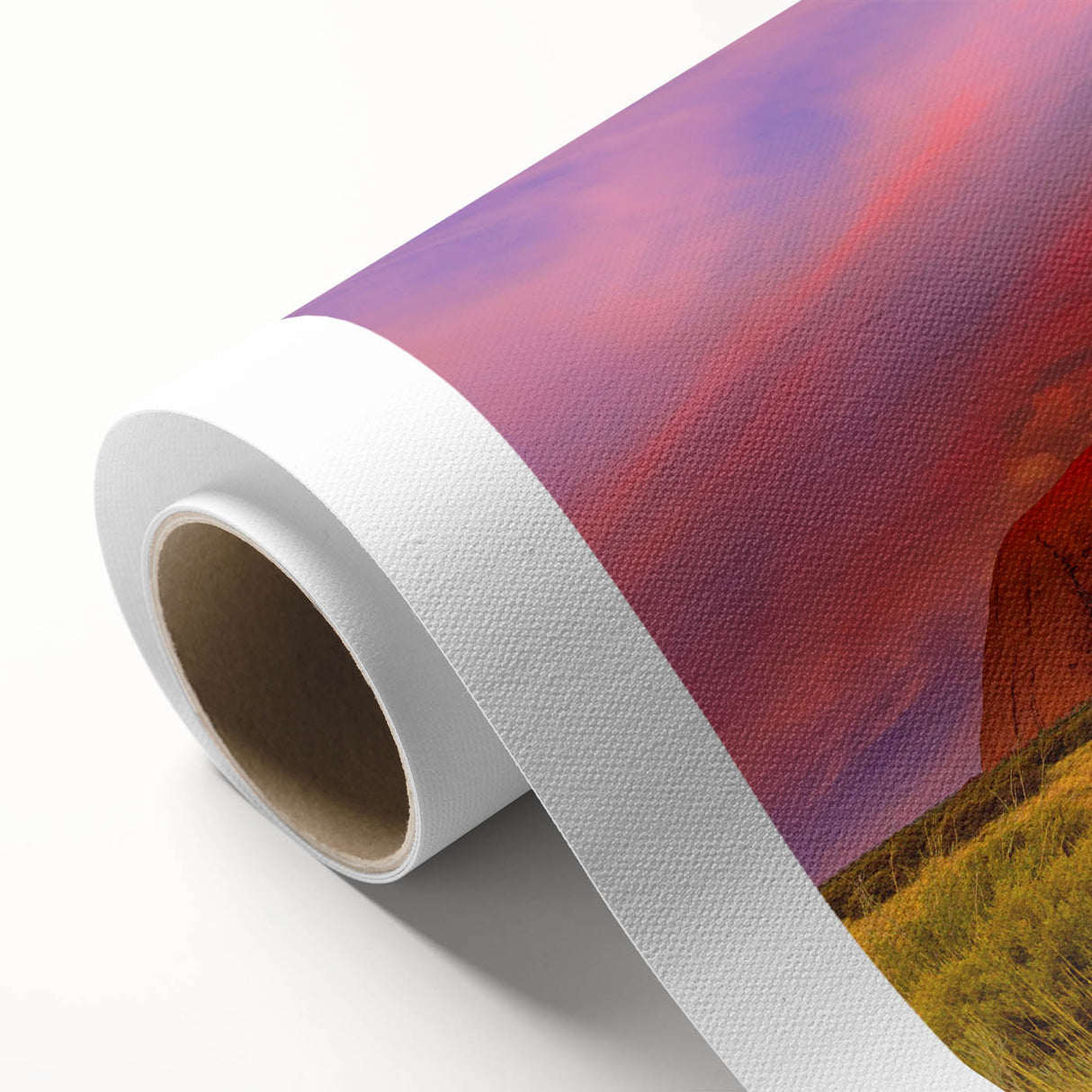 Art deco poster of Ayers Rock in muted orange and brown tones on rolled canvas, ideal for nursery wall art.