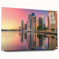 Acrylic print of a large abstract depiction of Brisbane skyline in muted colors, suitable for bedroom or dining room decor.