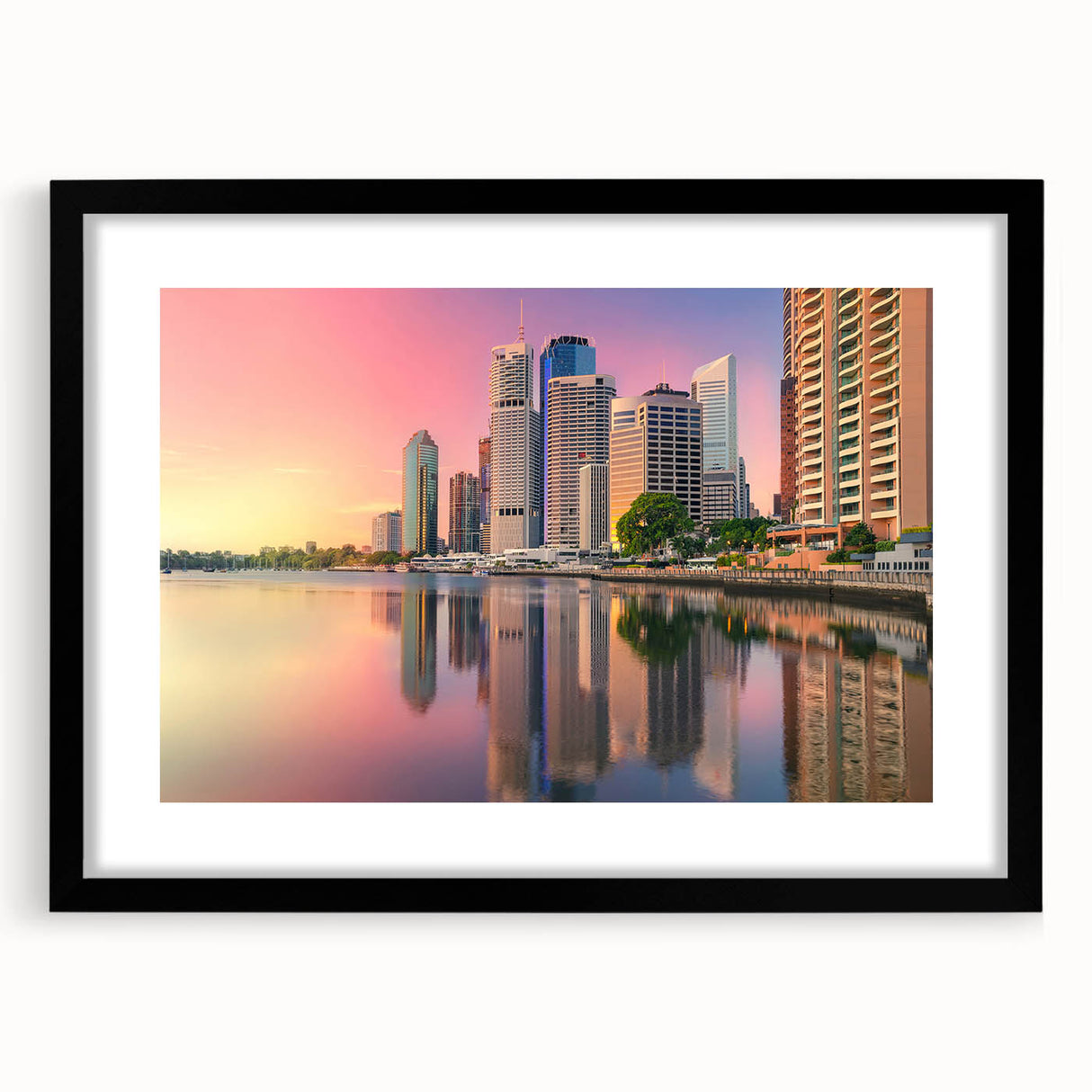 Extra large abstract art print of colorful, textured Brisbane scenery on black framed canvas, ideal for living room decor.