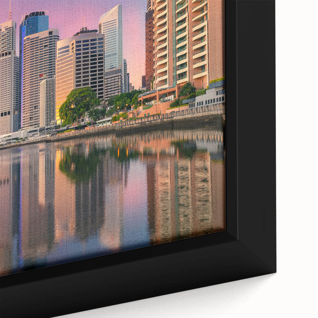 Close-up of a textured black wall art featuring a colorful Brisbane skyline on a framed canvas, ideal for living room decor.
