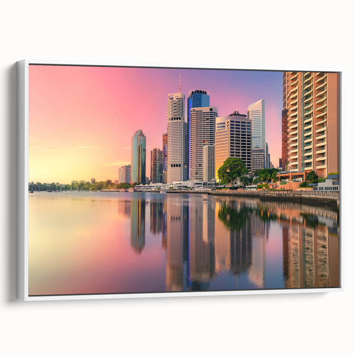 Framed canvas wall art depicting a Brisbane landscape in muted earth tones, ideal for bedroom decor.
