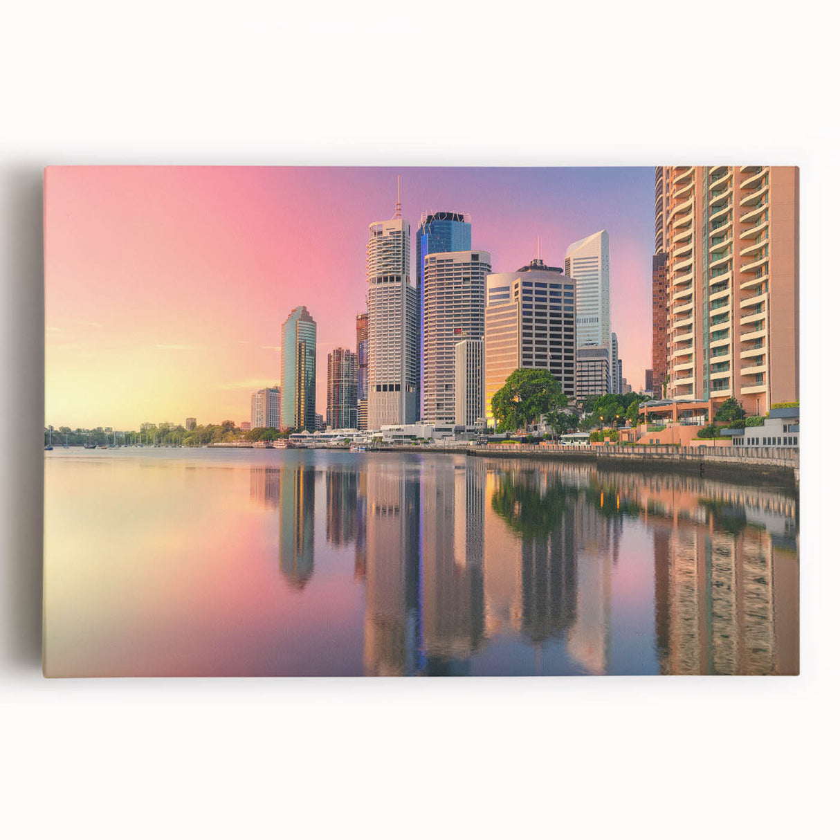 Black and white photograph of Brisbane skyline on large stretched canvas, suitable for kitchen wall art.