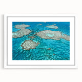 Extra large wall art of the Great Barrier Reef in abstract style, featuring vibrant blue and green hues.