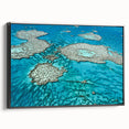 Black and white framed canvas of the Great Barrier Reef, ideal for bedroom wall art in a vintage poster style.