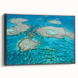Black and white framed canvas of the Great Barrier Reef, ideal for bedroom wall art in a vintage poster style.