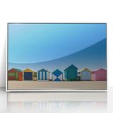 Mid-century modernist Melbourne skyline in muted gray and blue tones on a framed acrylic print.