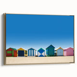 Framed canvas landscape art painting of Melbourne with vintage poster style in gold, black, and colorful hues.