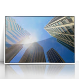 Large art print of Perth skyline in muted blue tones, framed in white acrylic, suitable for modern art wall decor.