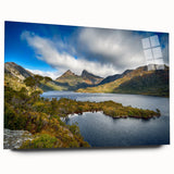 Large abstract wall art of Tasmania scenery in muted earth tones on acrylic glass, ideal for bedroom or dining room decor.