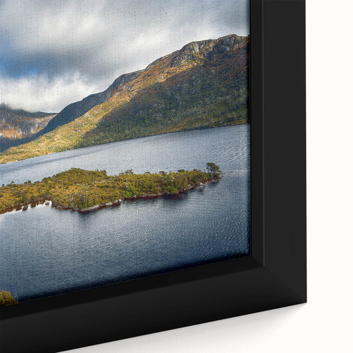 Framed canvas of a textured Tasmania scenery in black with colorful highlights, ideal for living room decor.