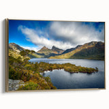 Vintage poster art of Tasmania scenery on framed canvas, featuring gold and black color palette, ideal for living room decor.