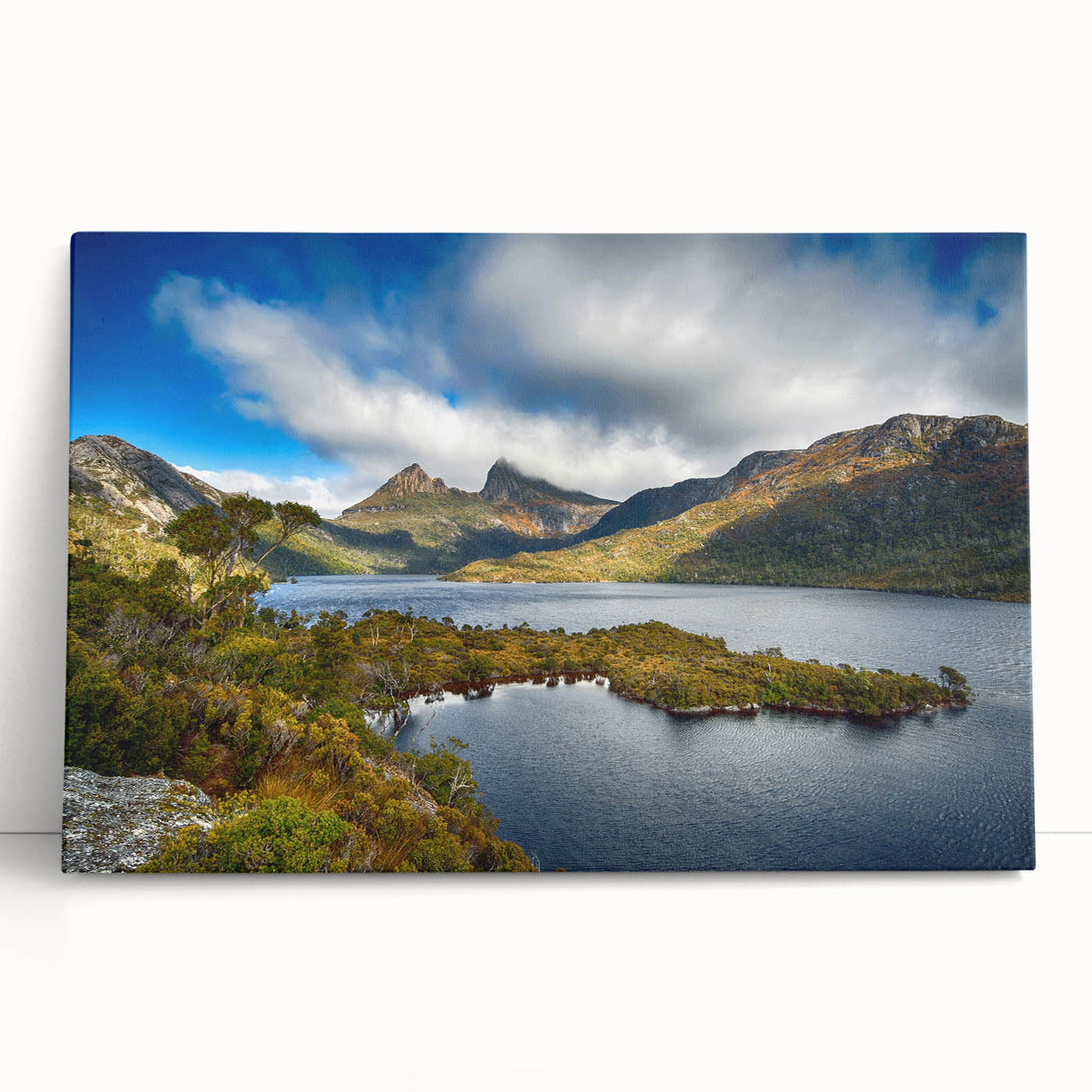 Large black and white stretched canvas of Tasmanian scenery, ideal for kitchen wall art.