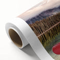 Art Deco poster of British Columbia scenery on rolled canvas, featuring cool blue and green tones.