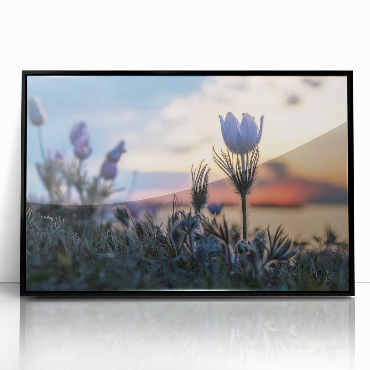 Large abstract wall art depicting a serene Manitoba landscape in muted earth tones, framed in black acrylic.