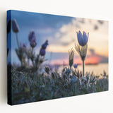 Large stretched canvas featuring a serene Manitoba landscape in muted green and blue tones, ideal for kitchen wall art.