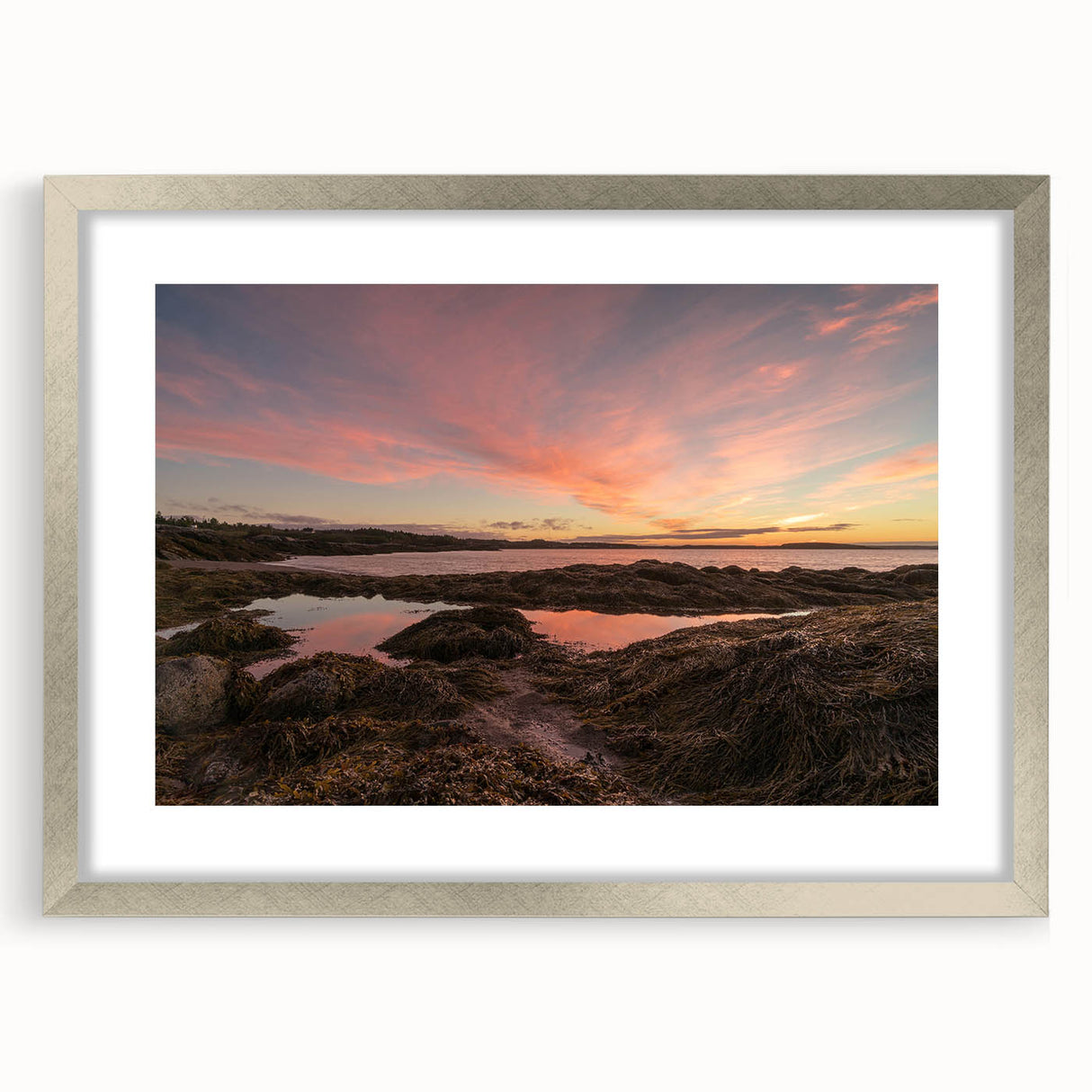 Textured abstract art print of New Brunswick scenery in muted earth tones, framed in silver, ideal for bedroom art.