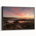 Black and white framed canvas of New Brunswick landscape in vintage poster style, suitable for bedroom decor.