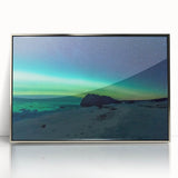 Mid-century modernist art depicting Newfoundland scenery in muted earth tones on a silver-framed acrylic print.