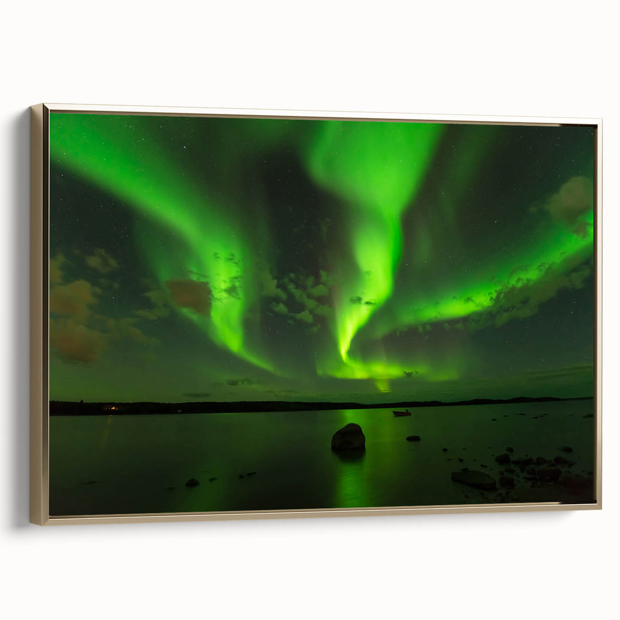 Framed canvas featuring a landscape painting of the Northwest Territories with a vintage poster style and black and gold…