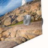 Acrylic print of a large abstract depiction of Nova Scotia scenery in mid-century modernist style.