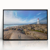 Large abstract wall art depicting a Nova Scotia scenery in muted blue and green tones on a framed acrylic.