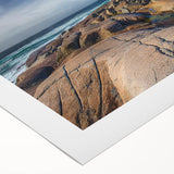 Art deco poster of Nova Scotia scenery in muted blue tones on rolled canvas, ideal for dining room wall art.