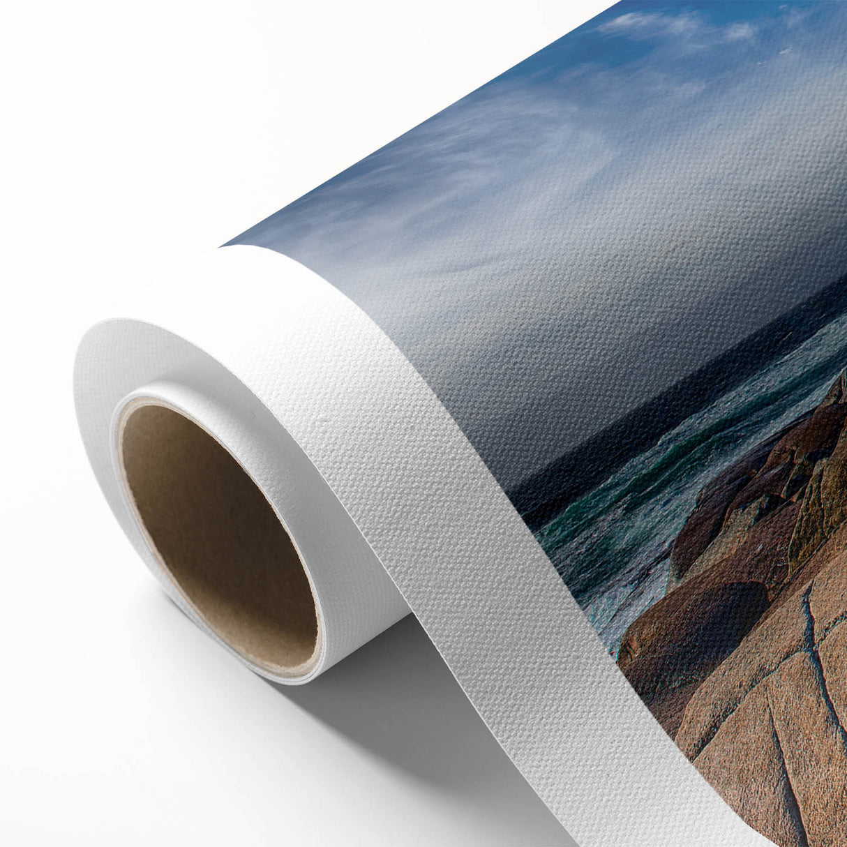 Art deco poster of Nova Scotia scenery on rolled canvas, with muted blue and green tones, ideal for nursery wall art.