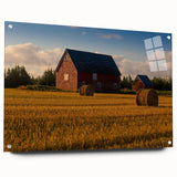Acrylic glass print of a scenic Prince Edward Island landscape, with muted green and blue tones, ideal for dining room decor.
