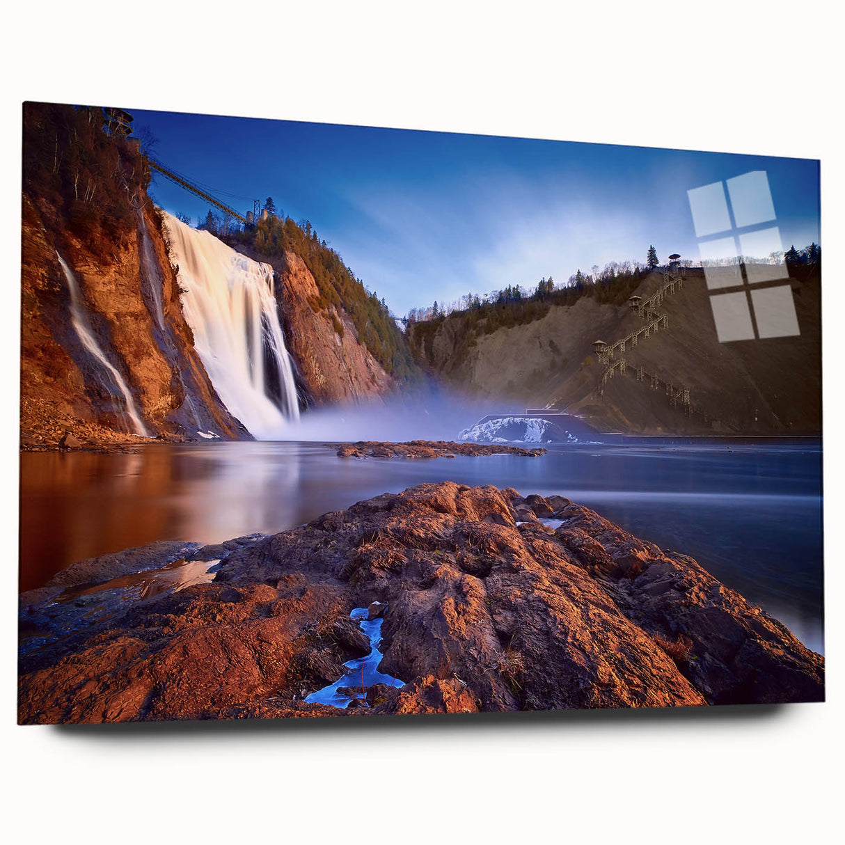 Acrylic print of a large abstract depiction of Quebec scenery in muted blue and green tones.