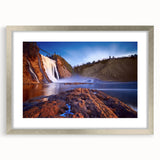 Textured abstract art print of a Quebec scenery in muted earth tones, framed in silver, ideal for bedroom art.